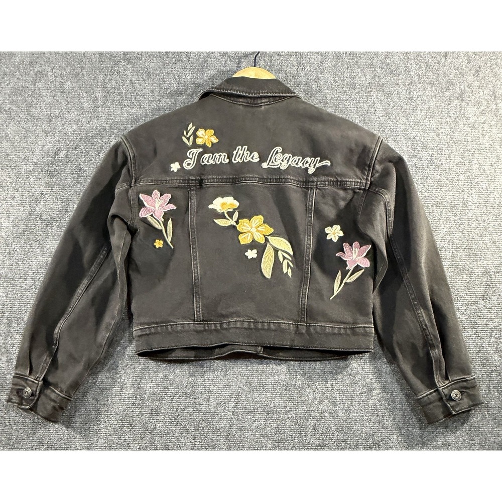 Abercrombie & Fitch Girls Black Floral Embroidered Denim Jean Jacket Size 10/12